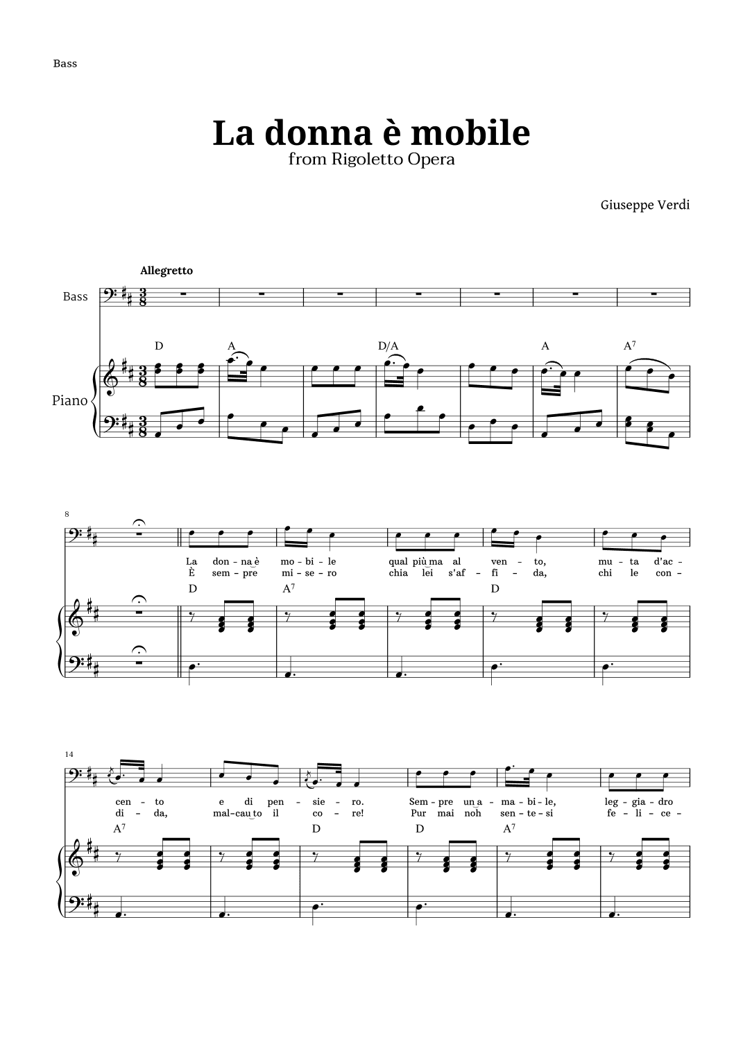 La donna è mobile in D major for Bass and Piano (arr. Langanho)