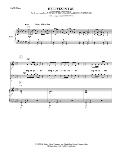 He Lives In You (arr. Jeffrey Bowen)