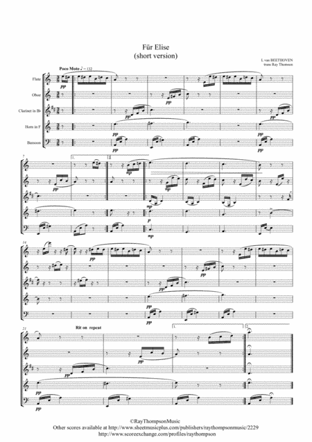 Beethoven: Bagatelle in A minor  WoO 59 (Für Elise) (For Elise) (shorter version) - wind quintet (arr. Ray Thompson)
