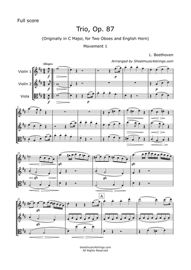 Beethoven, L. - Trio in C, Op. 87, Arranged for 2 Violins and Viola (arr. SheetMusic4Strings)