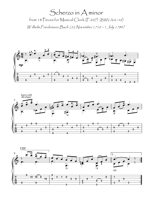 Bach for Guitar Pieces for Musical Clock Scherzo (arr. PianoSheetNow)