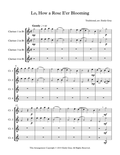 Lo, How a Rose E'er Blooming (4 clarinets) (arr. Emily Gray)