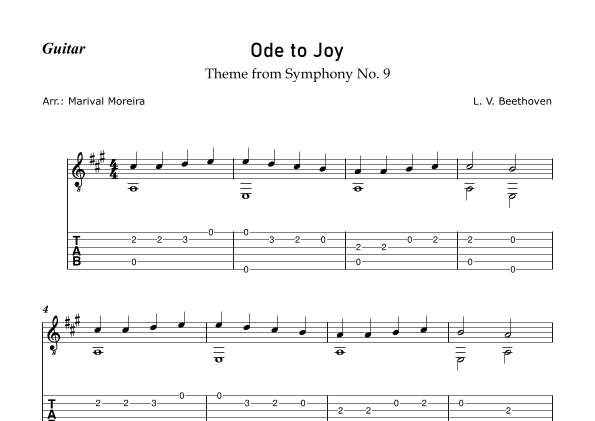 Ode to Joy - Beethoven (Beginner guitar) - Score and Tab (arr. Marival Moreira)
