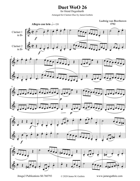 Beethoven: Duet WoO 26 for Clarinet Duo (arr. James Guthrie, ASCAP)