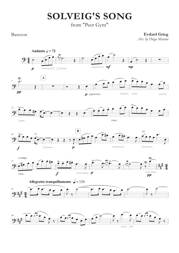 Solveig's Song from "Peer Gynt" for Bassoon and Piano (arr. Diego Marani)