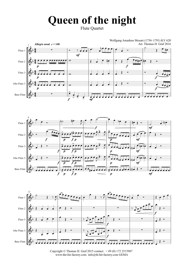 The Magic Flute Queen of the night - KV 620 W.A.Mozart - Flute Quartet - D-Minor (arr. Thomas H. Graf)