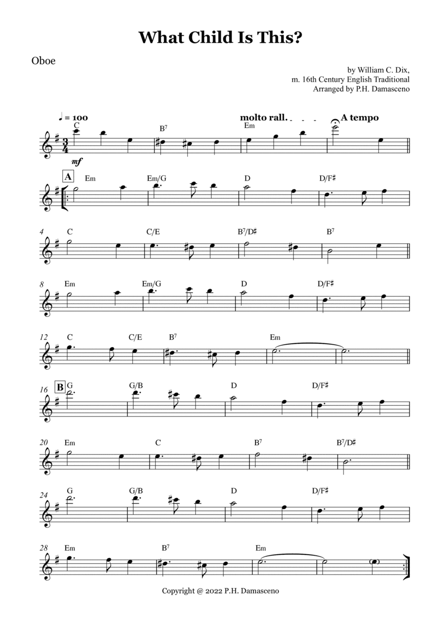 What Child Is This? - Oboe Solo with Chords (arr. P.H. Damasceno)