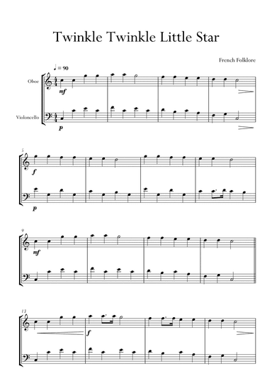 Twinkle Twinkle Little Star in C Major for Oboe and Cello (Violoncello) Duo. Easy. (arr. Matheus Araújo)