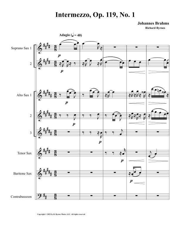 Intermezzo, Op. 119, No. 1 (Saxophone Septet + Contrabassoon) (arr. Richard Byrnes)