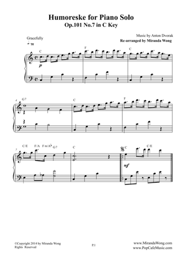 Humoreske Op.101 No.7 - Piano Solo in C Key (arr. Miranda Wong)