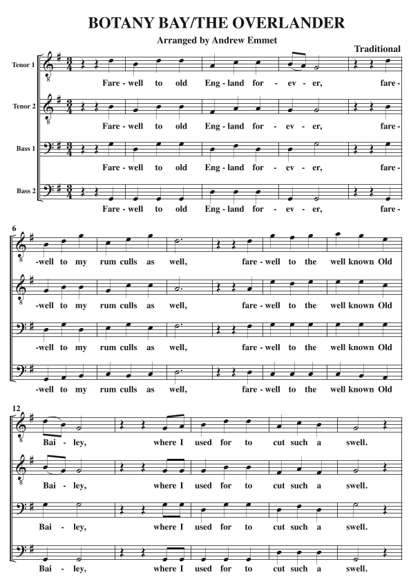 Botany Bay/The Overlander A Cappella TTBB (arr. Andrew Emmet)