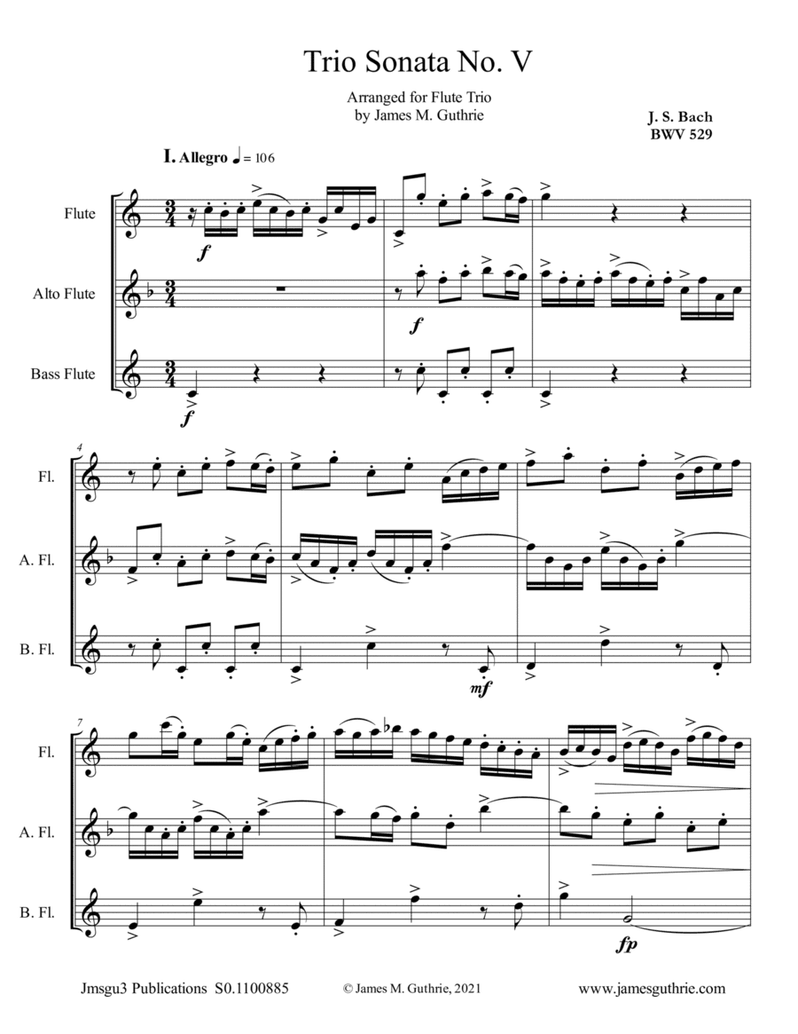 BACH: Trio Sonata No. 5 BWV 529 for Flute Trio (arr. James M. Guthrie)
