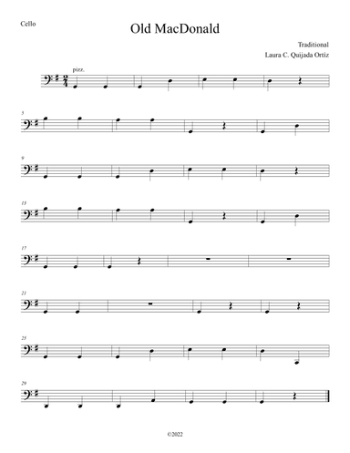 Old MacDonald. Open strings and first finger. Score & parts. (arr. Laura C. Quijada Ortíz)