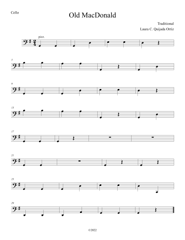 Old MacDonald. Open strings and first finger. Score & parts. (arr. Laura C. Quijada Ortíz)