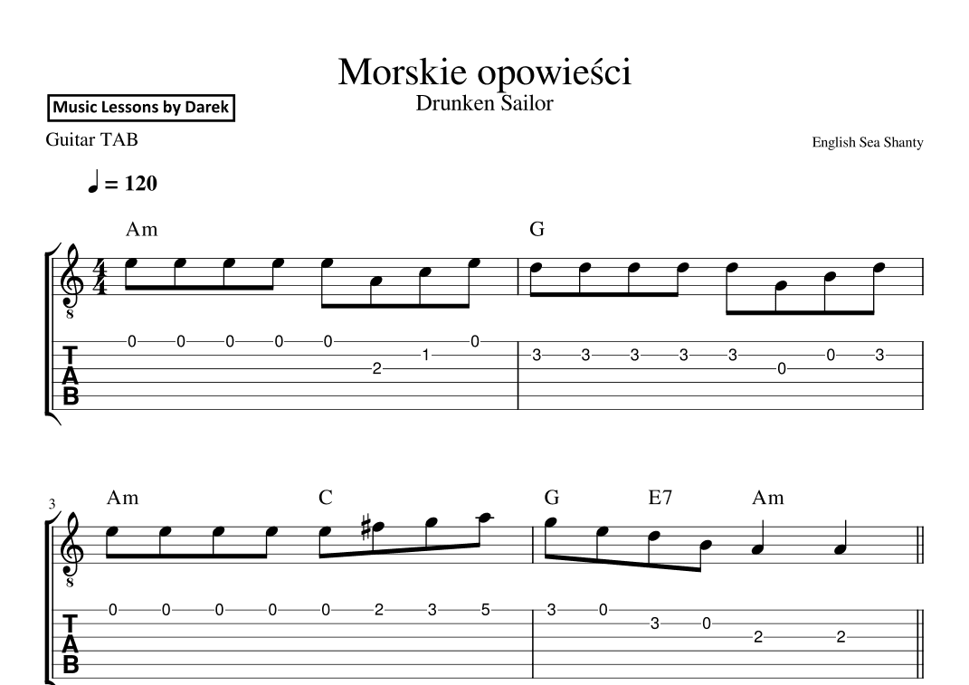 Morskie opowiesci / Drunken Sailor (English Sea Shanty) [GUITAR TAB] (arr. Darek)