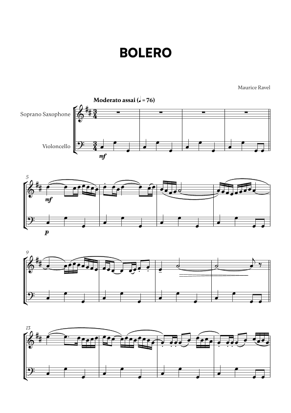 Bolero (for Soprano Saxophone and Cello) (arr. Cadenza Editions)