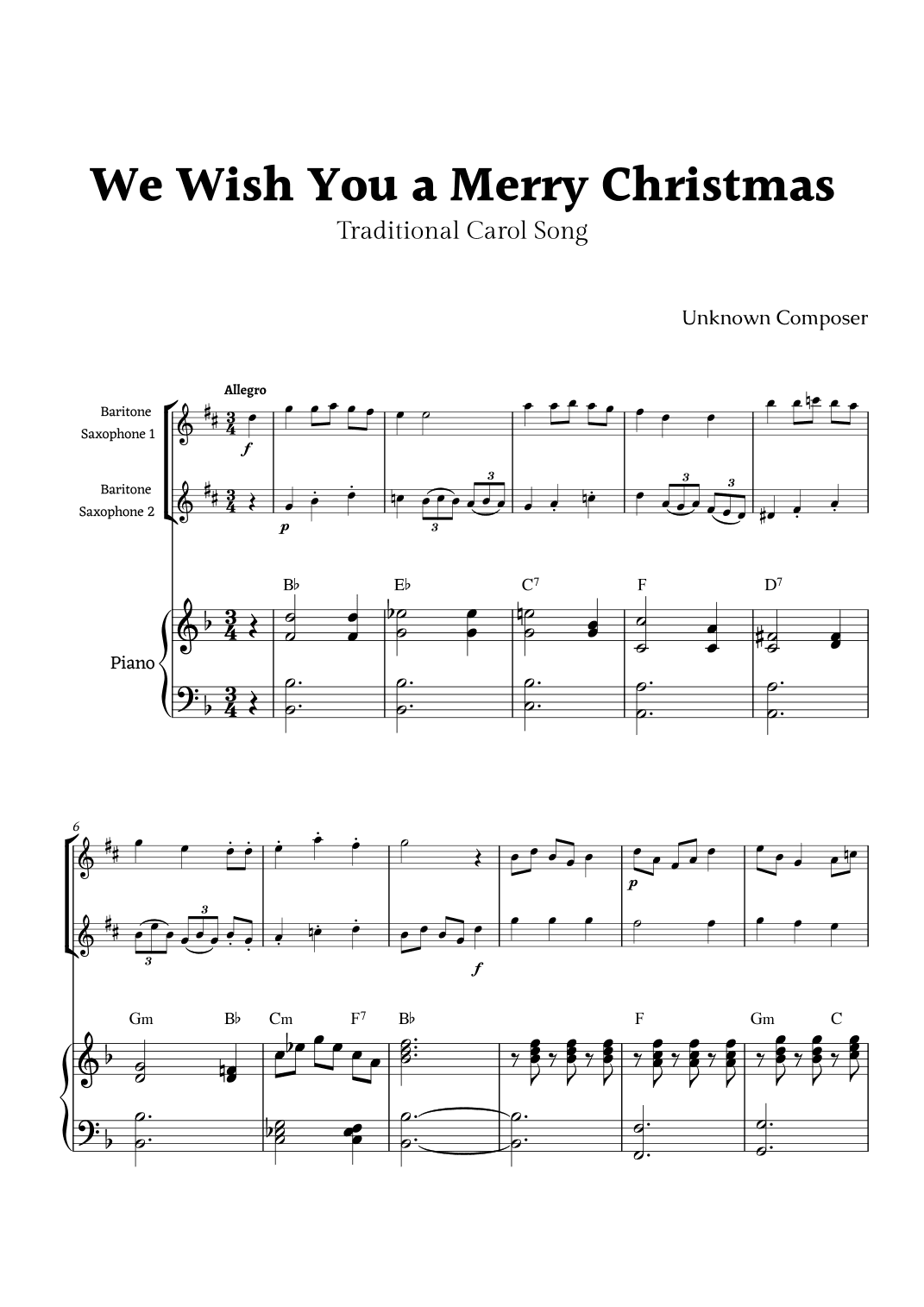 We Wish you a Merry Christmas for Baritone Sax Duet with Piano (arr. Rika K.)