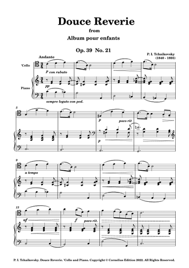 Tchaikovsky Opus 39 No. 21 Sweet Dreams Douce Reverie 'Cello and Piano (arr. Glenn Martin)