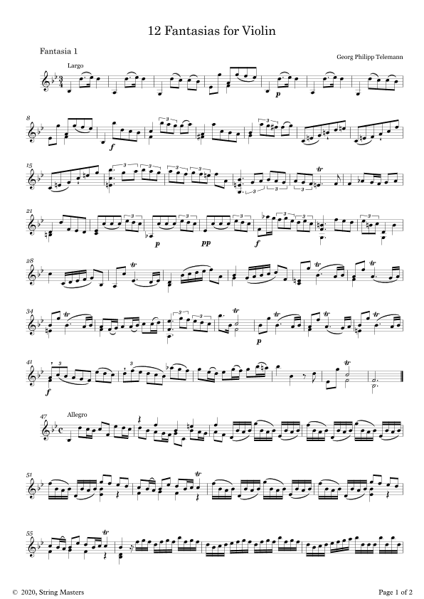 Telemann 12 Fantasias for Solo Violin, No 01 (arr. String Masters)