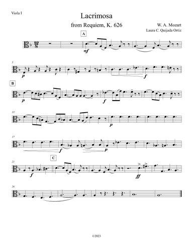 Lacrimosa from Mozart's Requiem. Double string orchestra. Score & parts. (arr. Laura C. Quijada Ortíz)