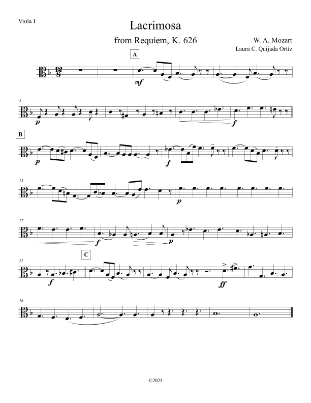 Lacrimosa from Mozart's Requiem. Double string orchestra. Score & parts. (arr. Laura C. Quijada Ortíz)