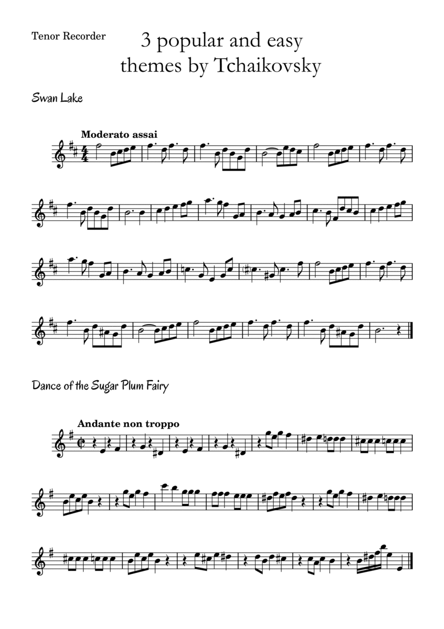 3 popular and easy themes by Tchaikovsky with accompaniment and chord symbols for Tenor Recorder (arr. Leyandder Trustworthy)