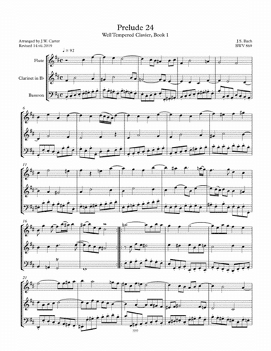 Prelude 24, WTC I, BWV 869, by J.S. Bach, arranged for Flute, Clarinet and Bassoon (arr. J.W. Carter)