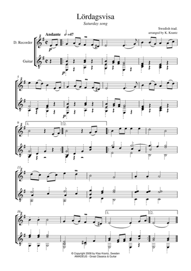 Lördagsvisa (Saturday Song) for descant recorder and guitar (arr. K. Krantz)