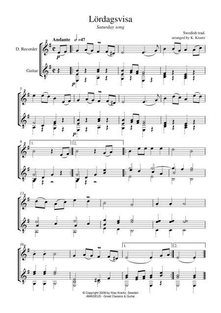 Lördagsvisa (Saturday Song) for descant recorder and guitar (arr. K. Krantz)