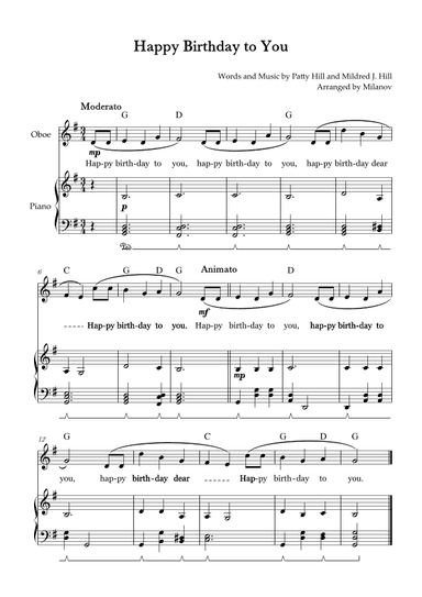 Happy Birthday to You |  Oboe |  G Major | Piano accompaniment | Pedal | Chords | Lyrics (arr. Milanov)