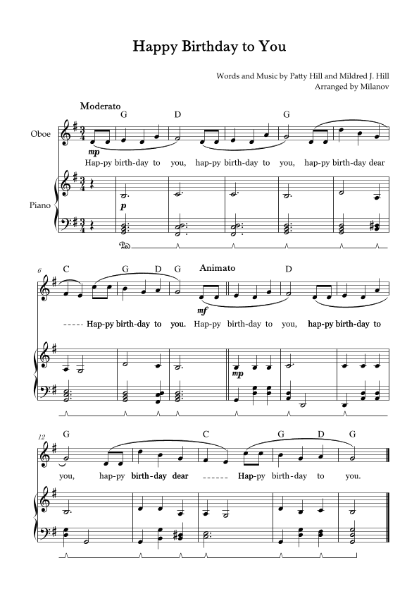 Happy Birthday to You |  Oboe |  G Major | Piano accompaniment | Pedal | Chords | Lyrics (arr. Milanov)