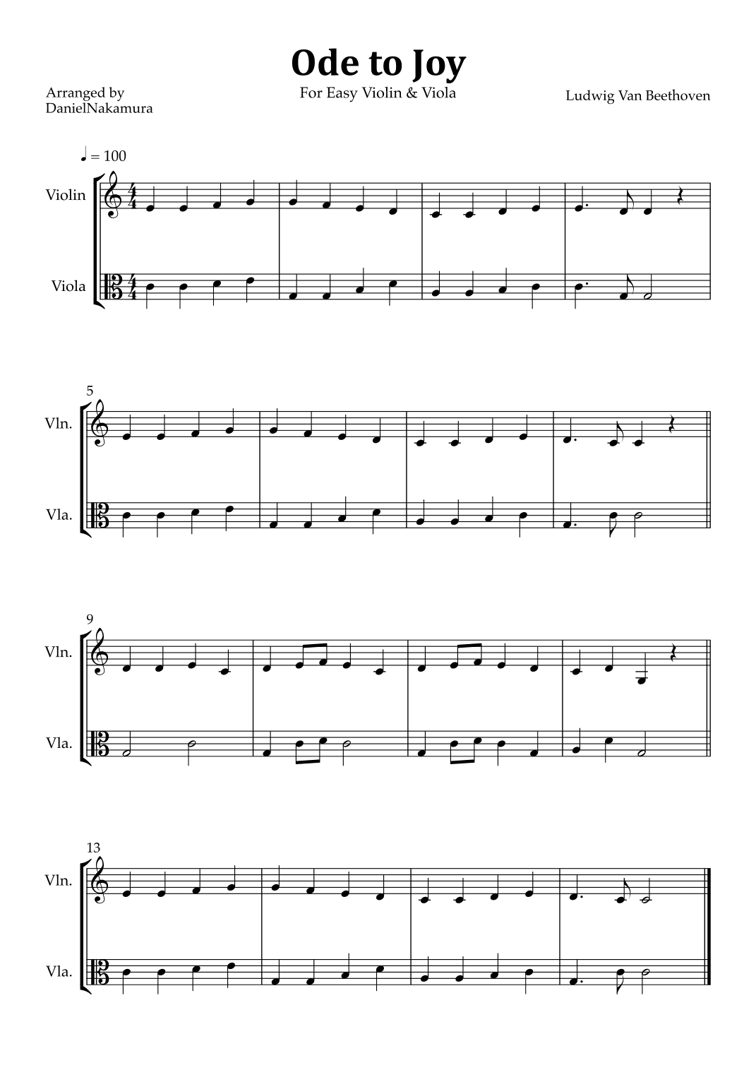 Ode to Joy (Easy Violin and Viola) (arr. Daniel Nakamura)