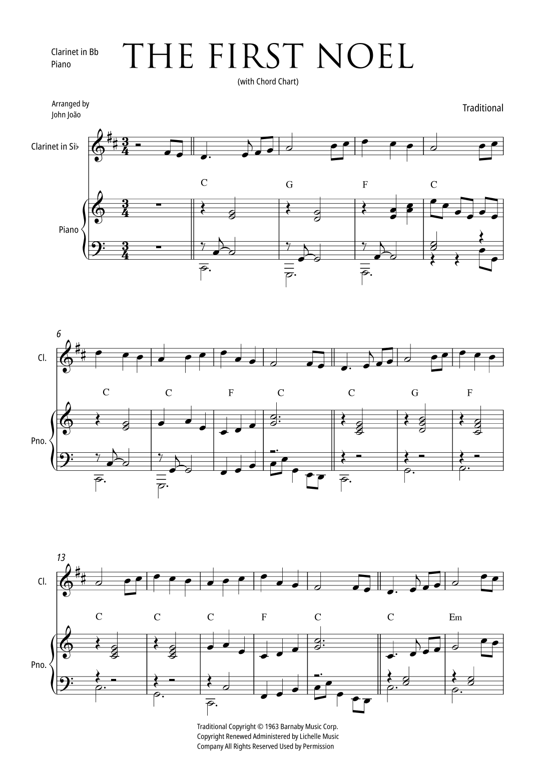 The First Noel (Clarinet in Bb and Piano, with Chord Chart) (arr. John João)