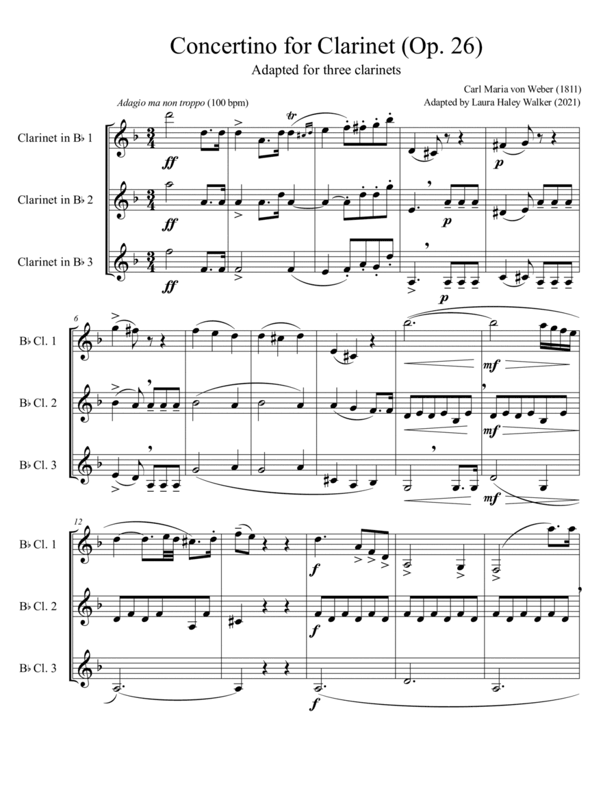 Introduction from Weber's Concertino for Clarinet - for clarinet trio (arr. Laura Haley Walker)