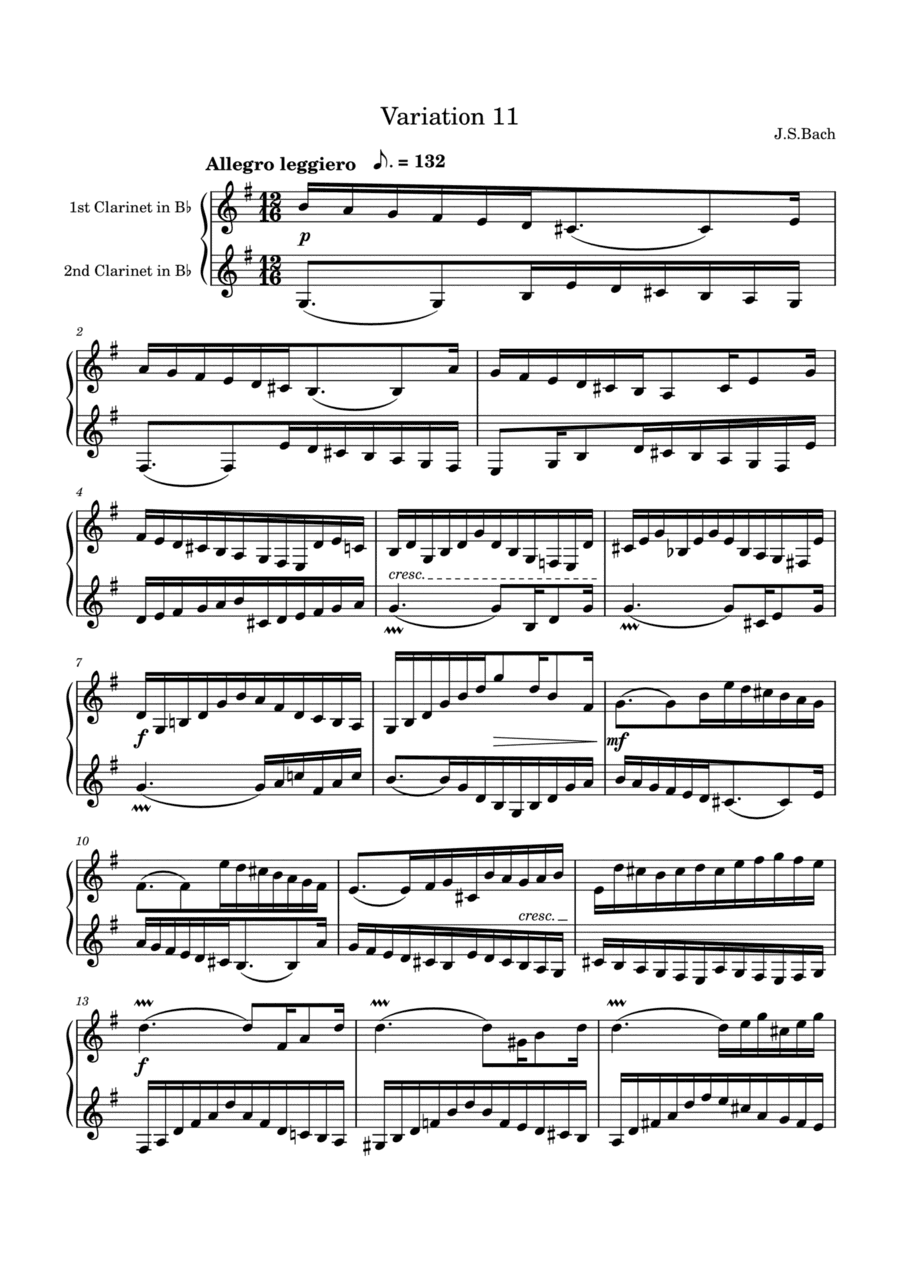 J.S.Bach: Goldberg Variation 11 for two clarinets (arr. Saho Omukai)
