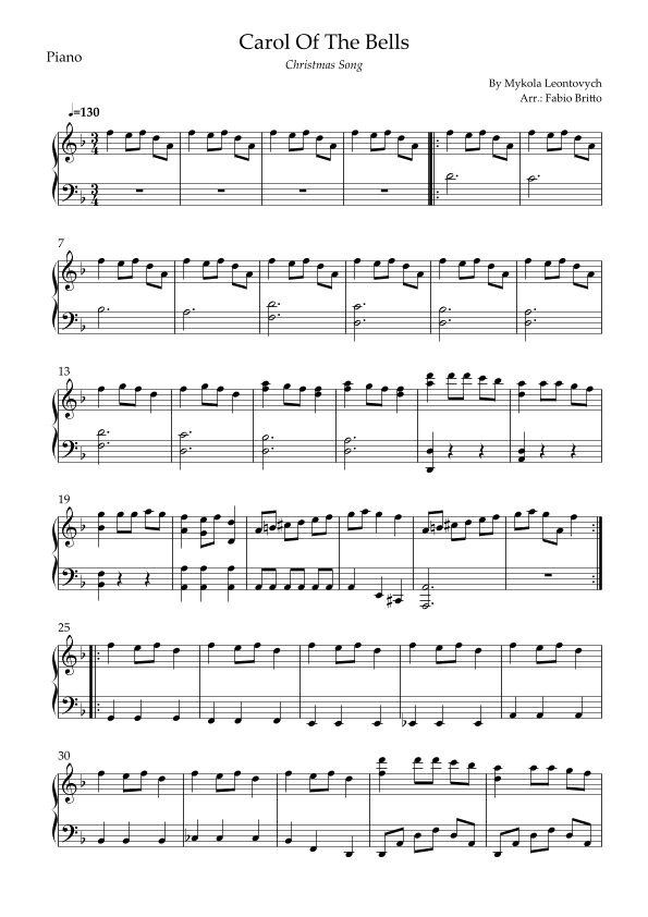 Carol of The Bells (Christmas Song) for Easy Piano Solo (arr. Fabio Britto)