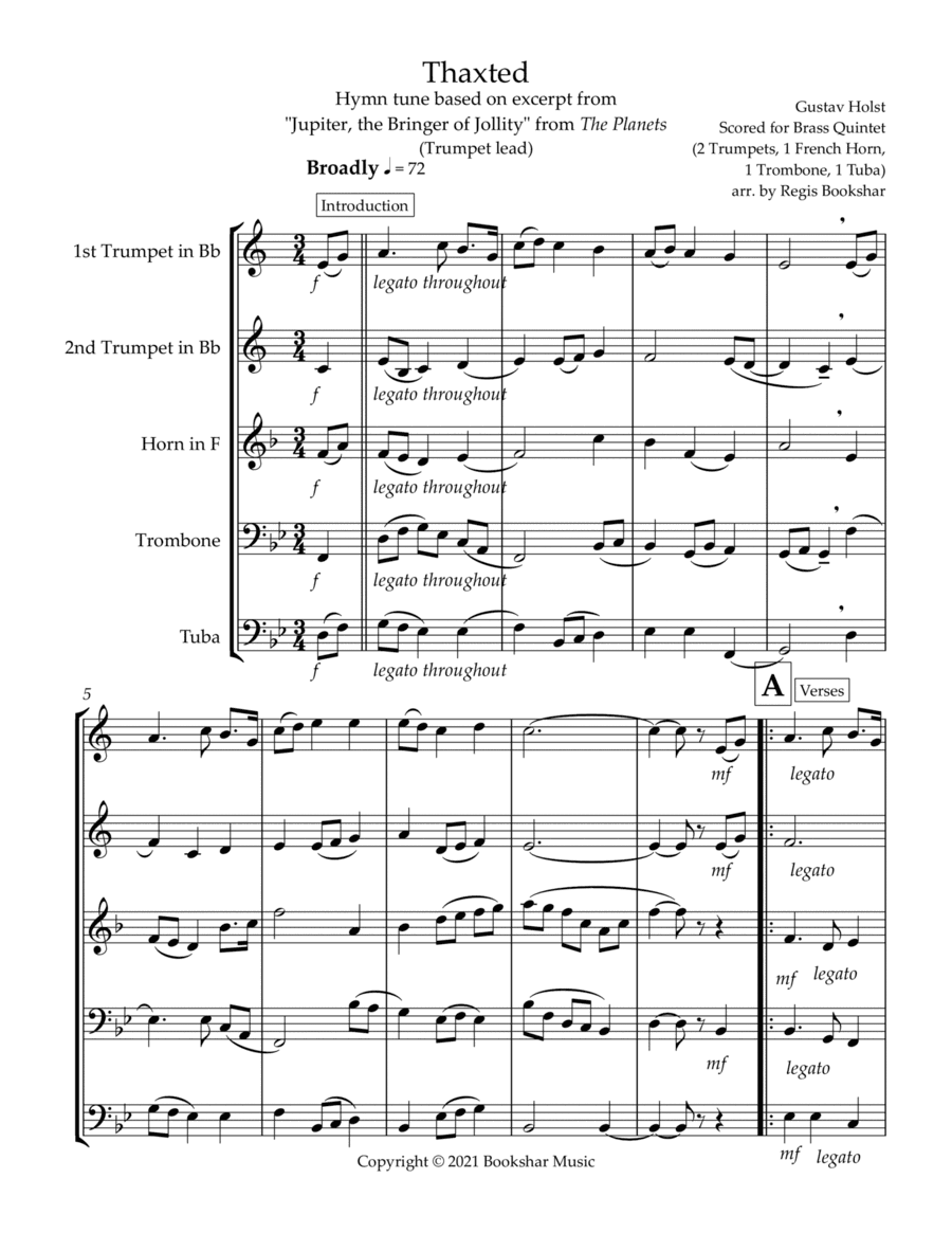 Thaxted (hymn tune based on excerpt from "Jupiter" from The Planets) (Bb) (Brass Quintet - 2 Trp, 1 (arr. Regis Bookshar)