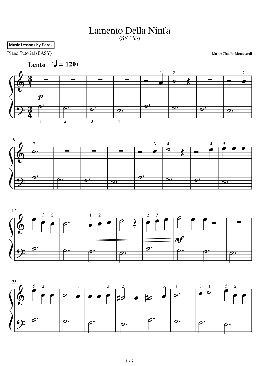 Lamento Della Ninfa (EASY PIANO) (SV 163) [Claudio Monteverdi] (arr. Darek)
