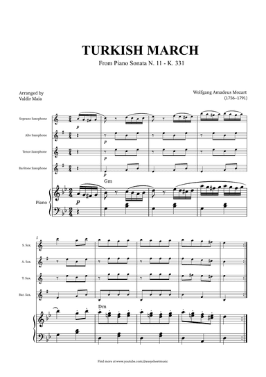 Turkish March - Saxophone Quartet and Piano + CHORDS (arr. Valdir Maia)
