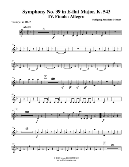 Mozart Symphony No. 39, Movement IV - Trumpet in Bb 2 (Transposed Part), K. 543 (arr. Doug Clyde)