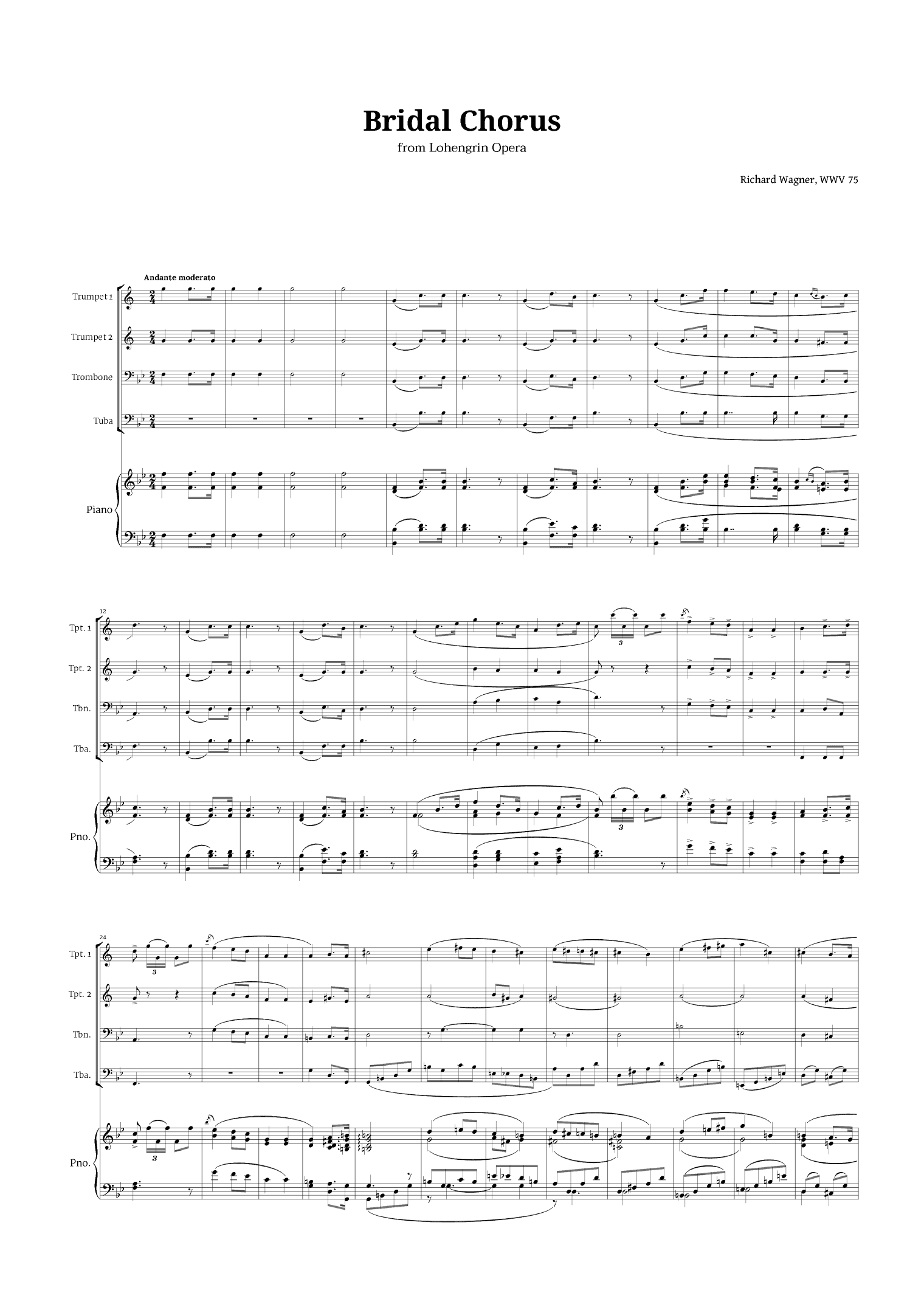 Bridal Chorus by Wagner for Brass Quartet and Piano (arr. Langanho)