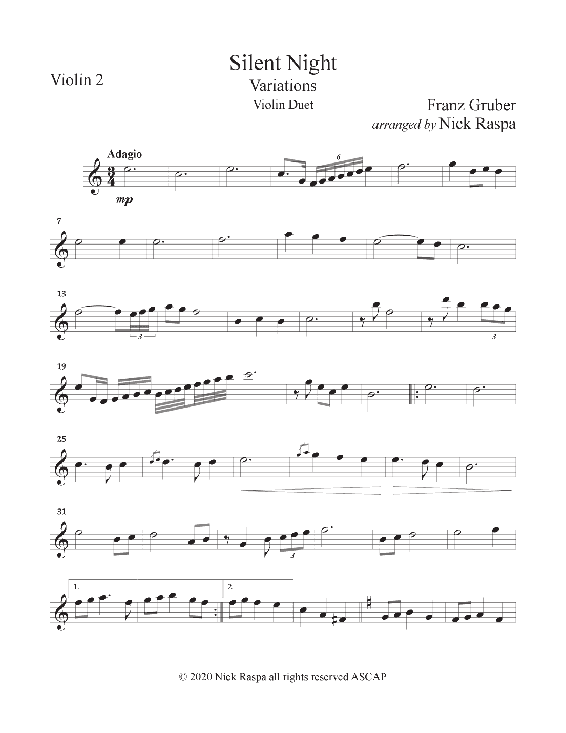 Silent Night - variations (Violin Duet) Violin 2 part (arr. Nick Raspa)