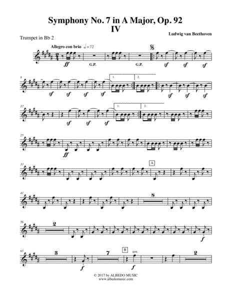 Beethoven Symphony No. 7, Movement IV - Trumpet in Bb 2 (Transposed Part), Op. 92 (arr. Doug Clyde)