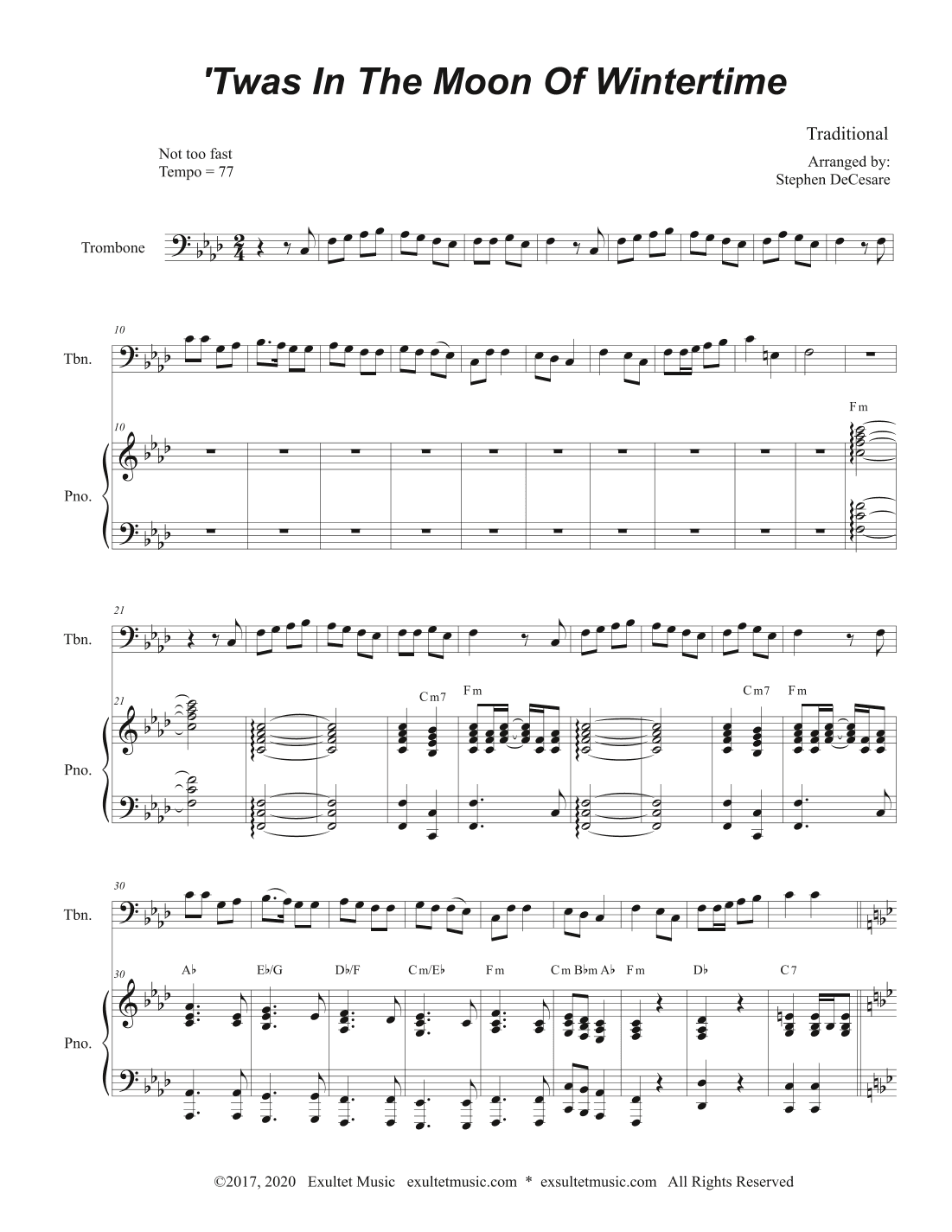 'Twas In The Moon Of Wintertime (Trombone solo and Piano) (arr. Stephen DeCesare)