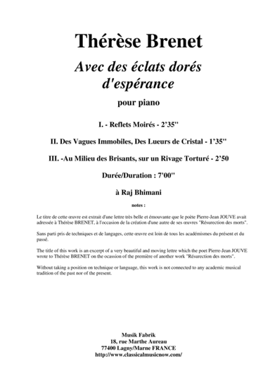 Thérèse Brenet - Avec des éclats dorés d'espérance for piano