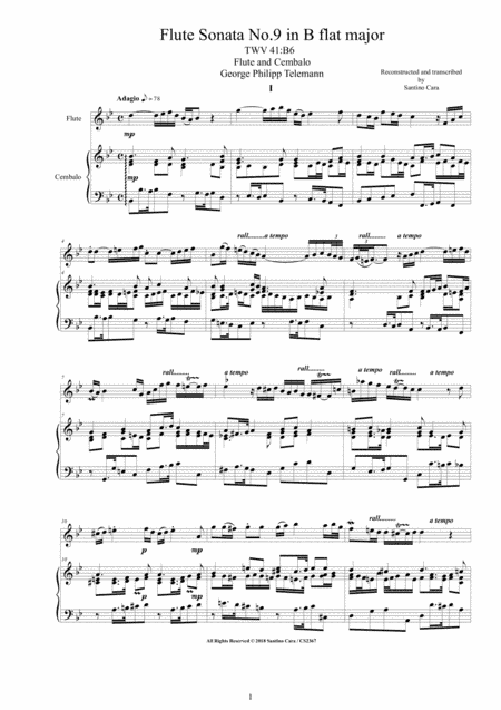 Telemann - Flute Sonata No.9 in B flat TWV 41B6 for Flute, and Cembalo or Piano (arr. Santino Cara)