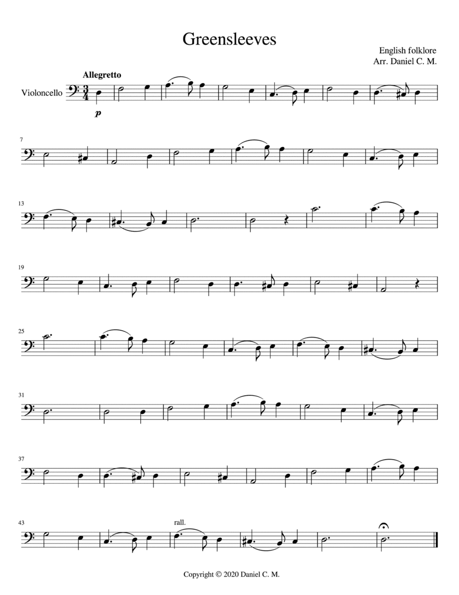 Greensleeves for cello and piano (arr. Daniel C. M.)