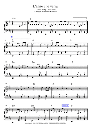 L'anno Che Verra (arr. Ioannis Kalpakis www.pianistas.gr)
