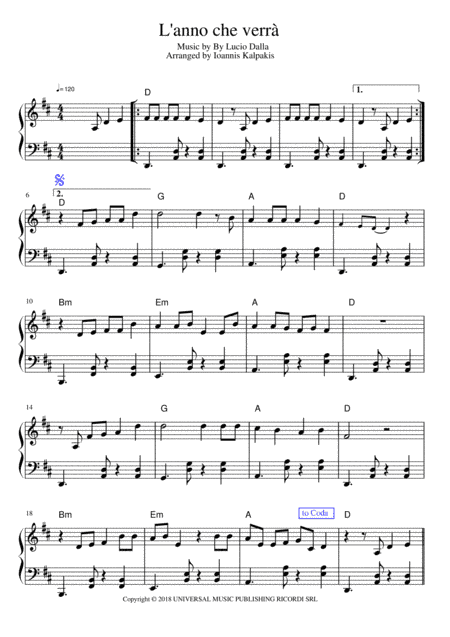 L'anno Che Verra (arr. Ioannis Kalpakis www.pianistas.gr)