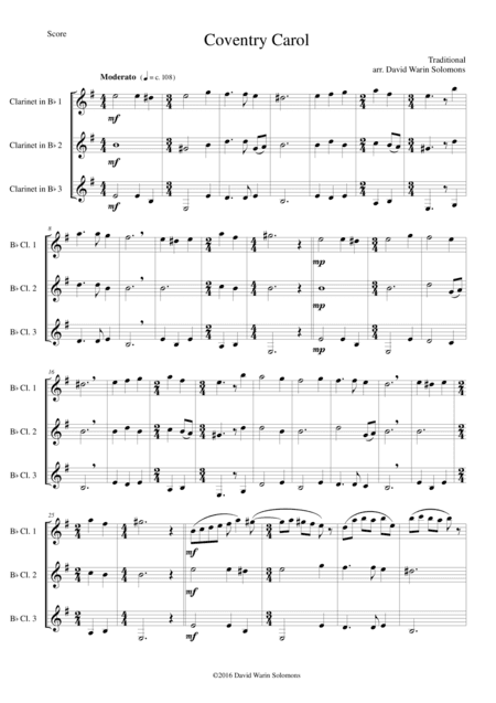 Coventry Carol for clarinet trio (3 x B flat) (arr. David Warin Solomons)